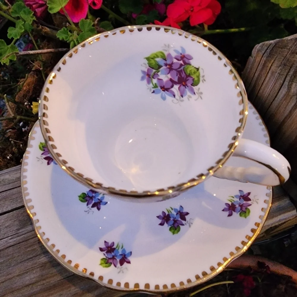 Sweet Violets Tea Cup & Saucer Royal Stafford Bone China England White Purple